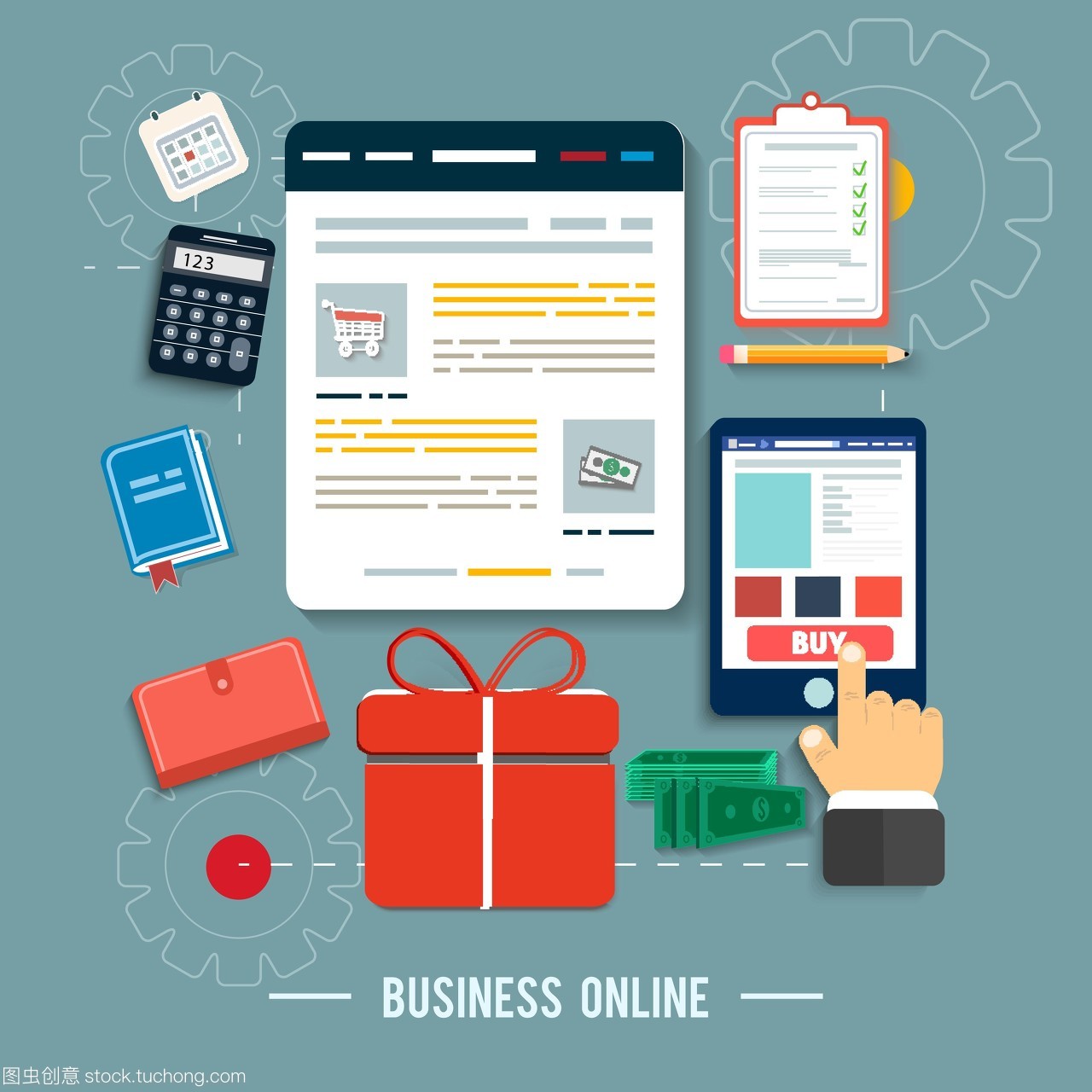 業(yè)務(wù)網(wǎng)絡(luò)圖標(biāo)。在平面設(shè)計(jì)中通過網(wǎng)上商店和電子商務(wù)思想符號(hào)和購(gòu)物元素購(gòu)買產(chǎn)品圖標(biāo)的海報(bào)概念